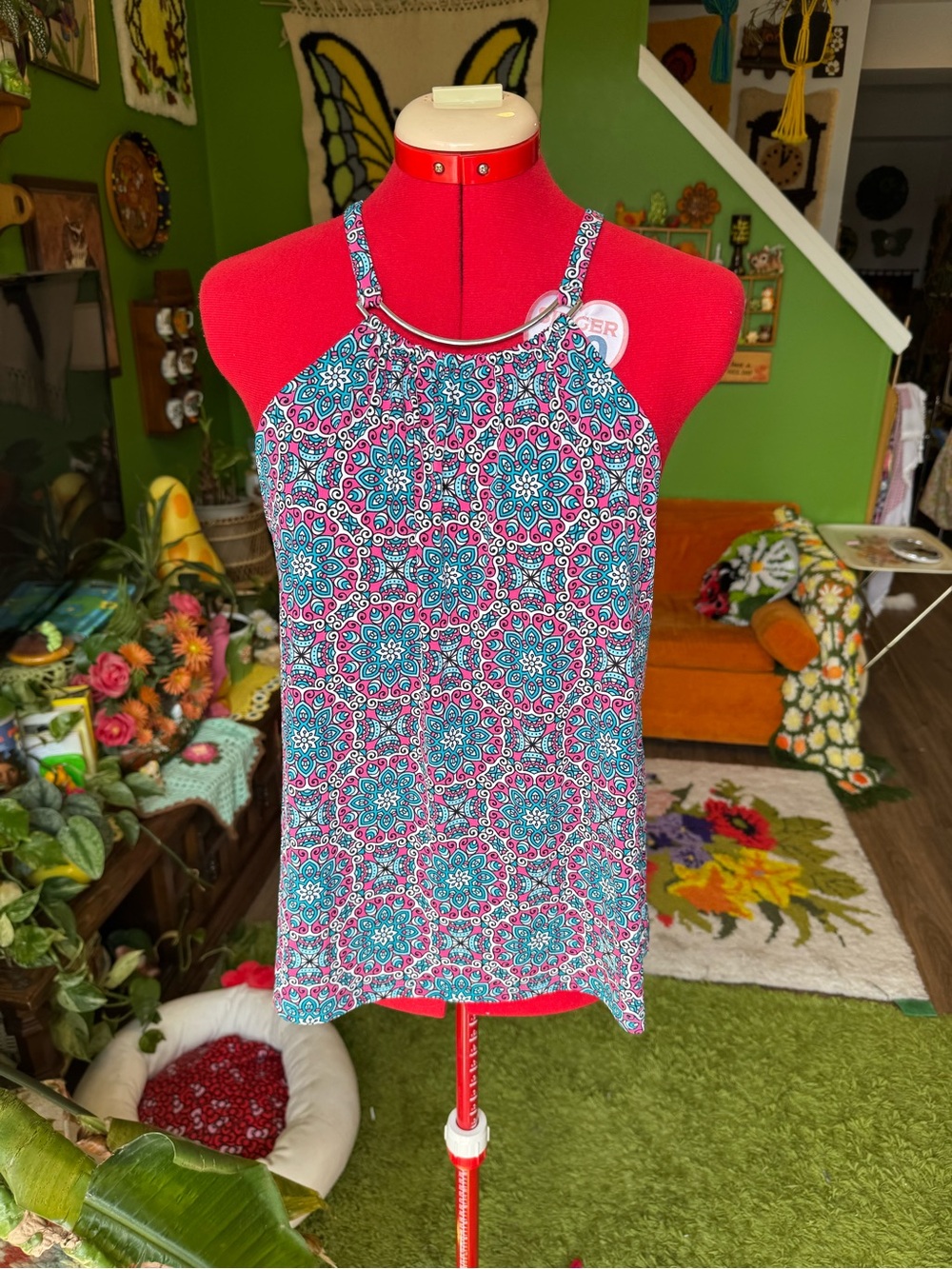 Vintage Y2K Sleeveless High-Neck Floral Print Tank Top in Teal & Pink